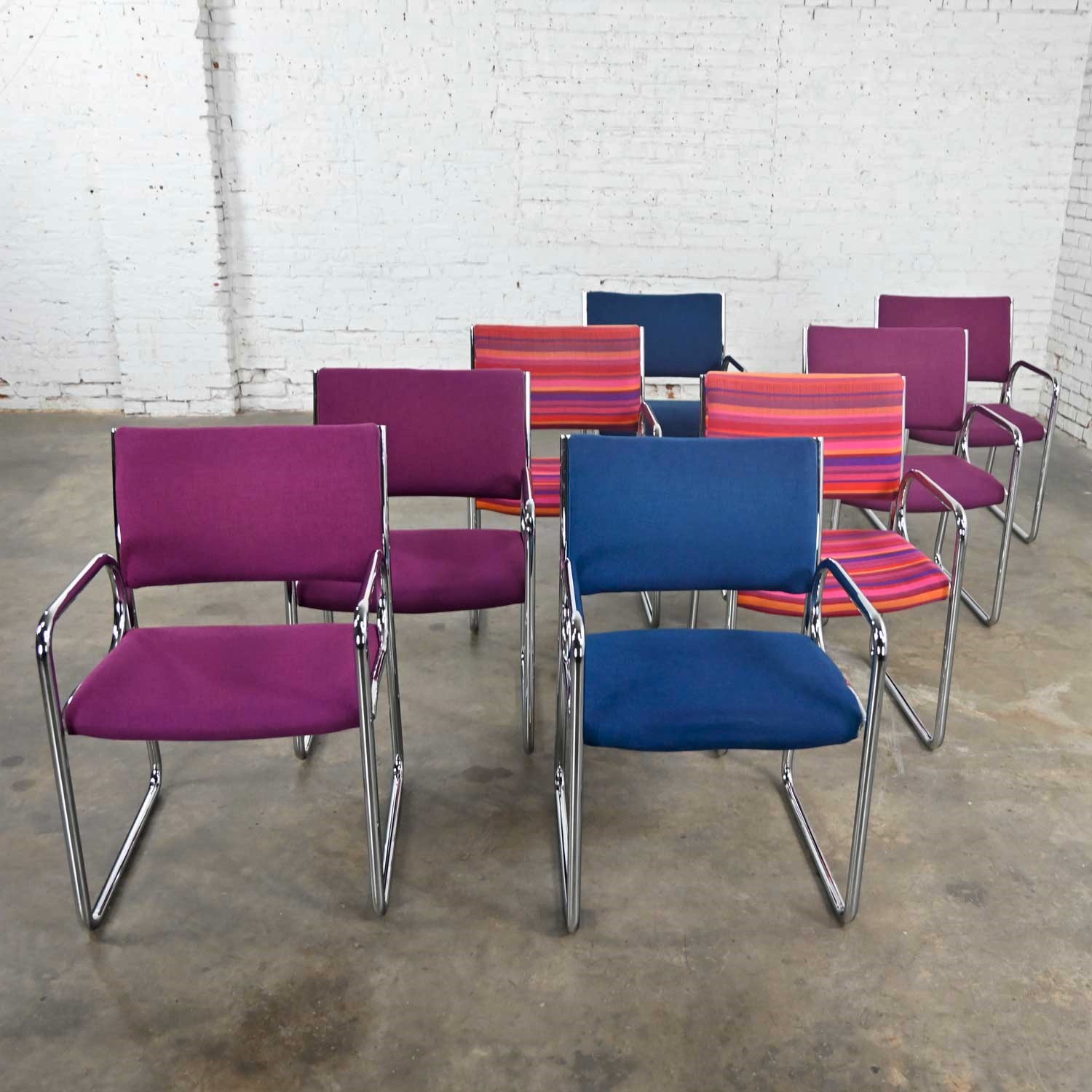 Modern Vecta Chrome Armchairs 4 Purple 2 Blue 2 Multicolored Stripe Set of 8