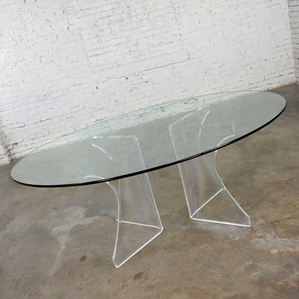 Vintage Modern Hollywood Regency or Art Deco Lucite Sculptural Dining Table Oval Glass Top