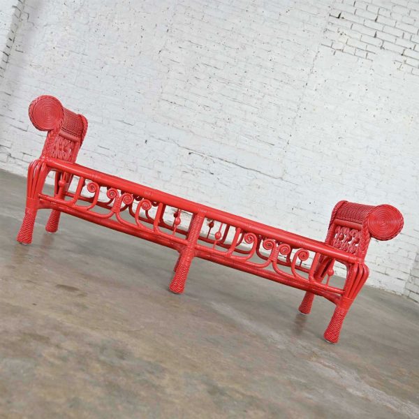 Hollywood Regency Boho Chic Poppy Red Painted Gondola Style Wicker Bench or Table