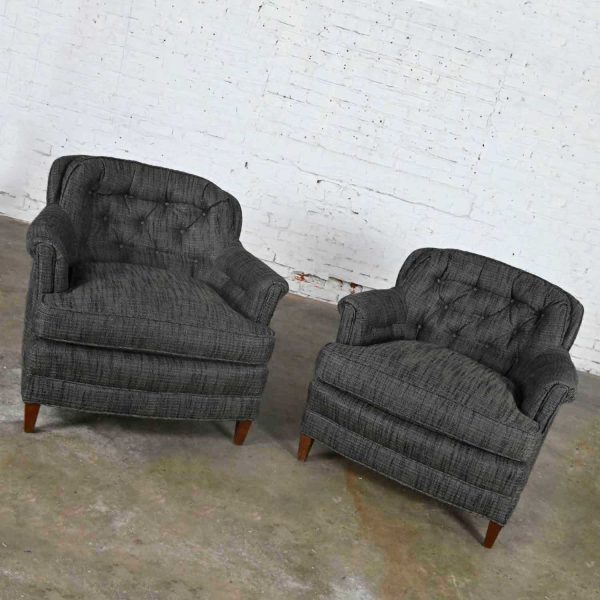 Vintage Pair Henredon Lounge Club Chairs with Button Backs in Fabricut Escapade Carbon Charcoal Gray