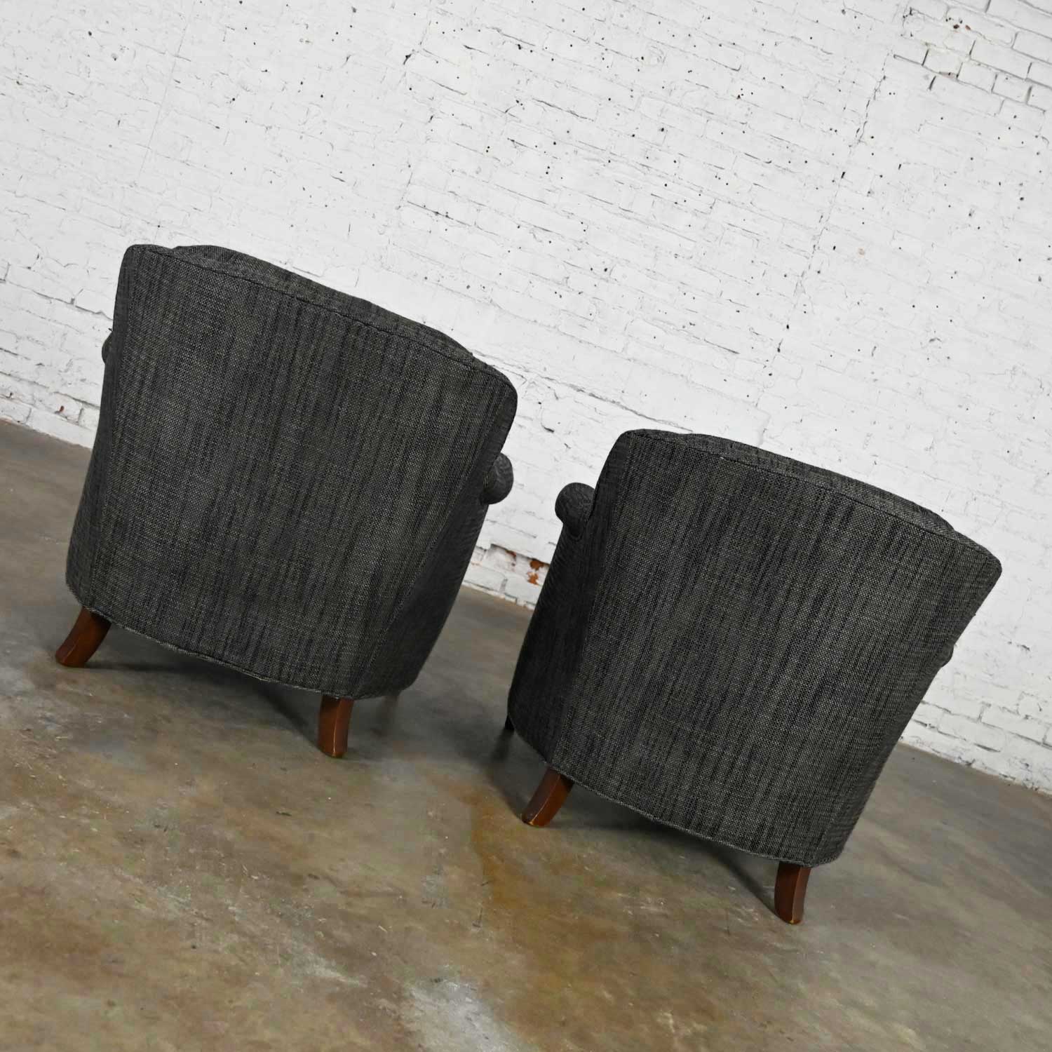 Vintage Pair Henredon Lounge Club Chairs with Button Backs in Fabricut Escapade Carbon Charcoal Gray