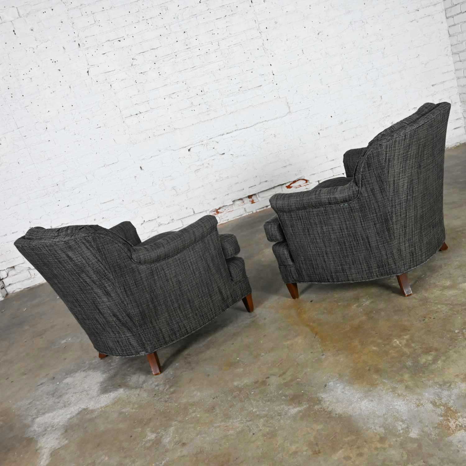 Vintage Pair Henredon Lounge Club Chairs with Button Backs in Fabricut Escapade Carbon Charcoal Gray