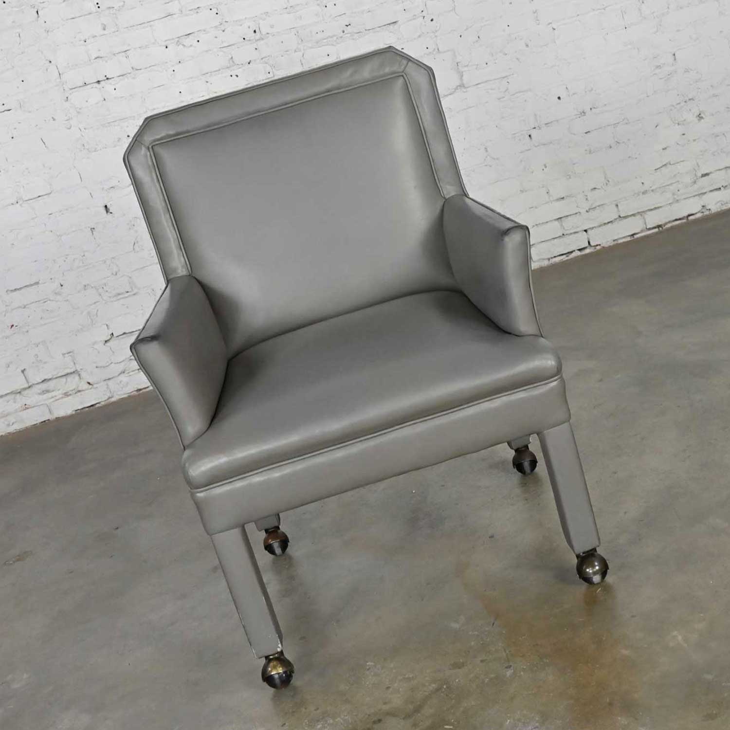 Modern Gray Faux Leather Modified Parson’s Style Armed Accent Chair on Casters