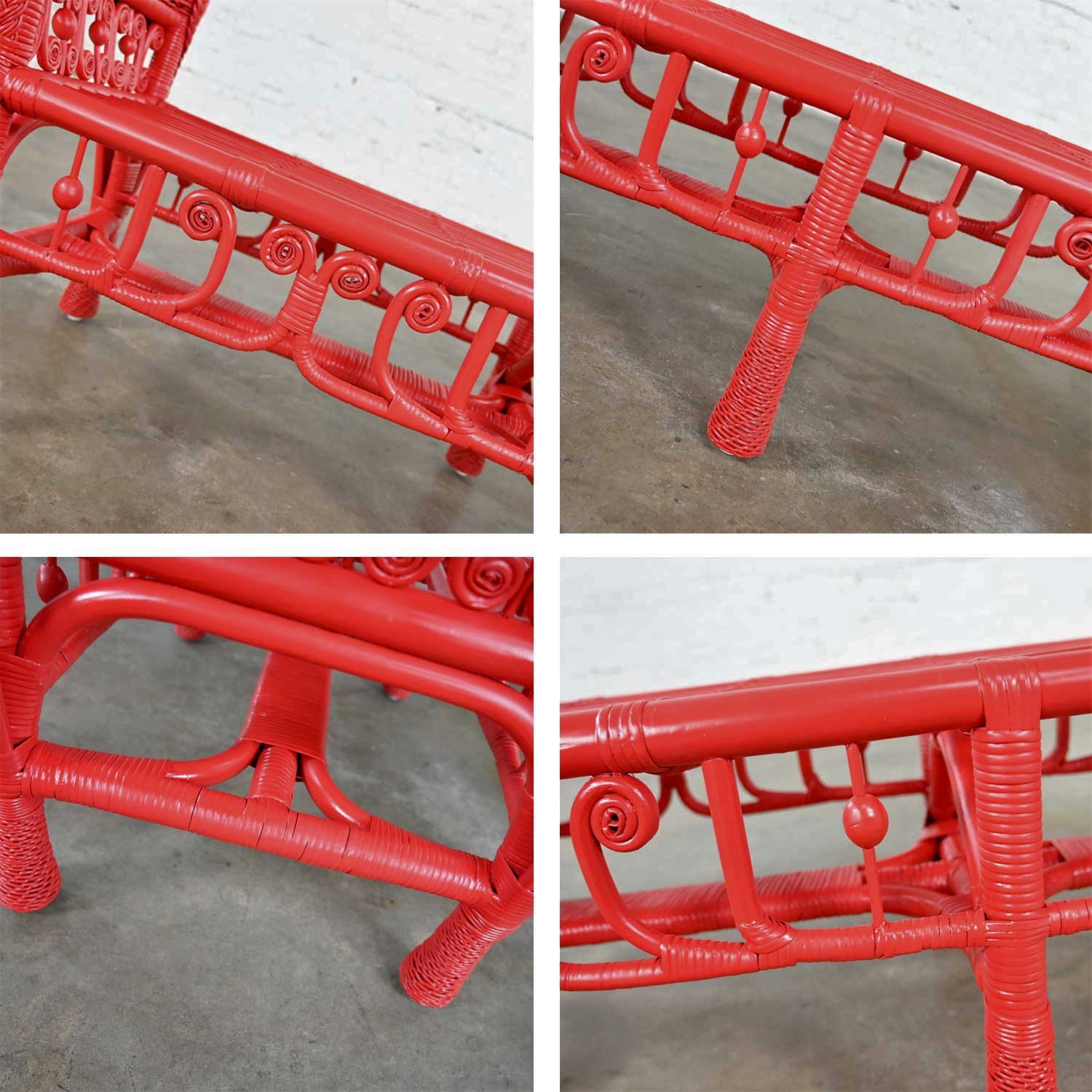 Hollywood Regency Boho Chic Poppy Red Painted Gondola Style Wicker Bench or Table
