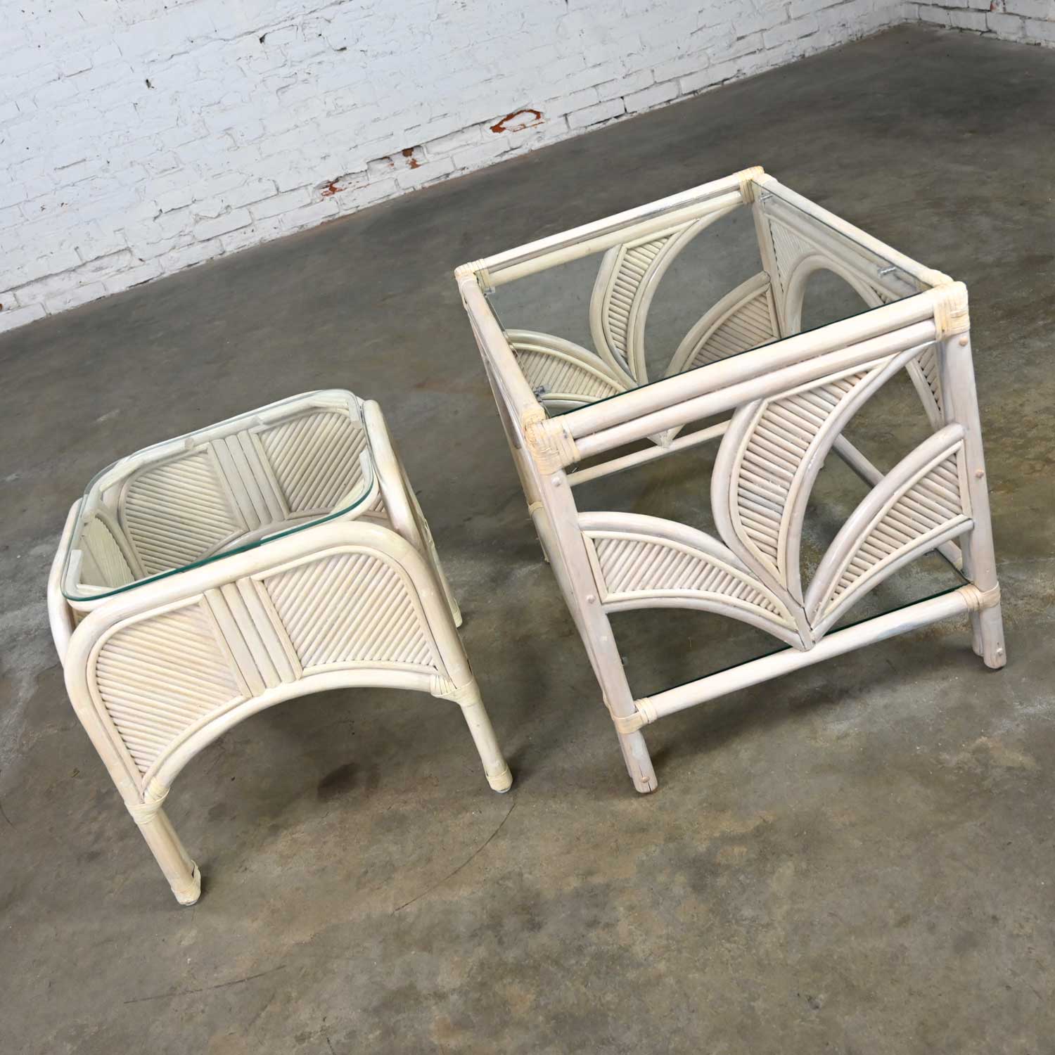 Cerused Reeded Rattan Large & Small End Table Glass Tops a Pair Manner of Gabriella Crespi