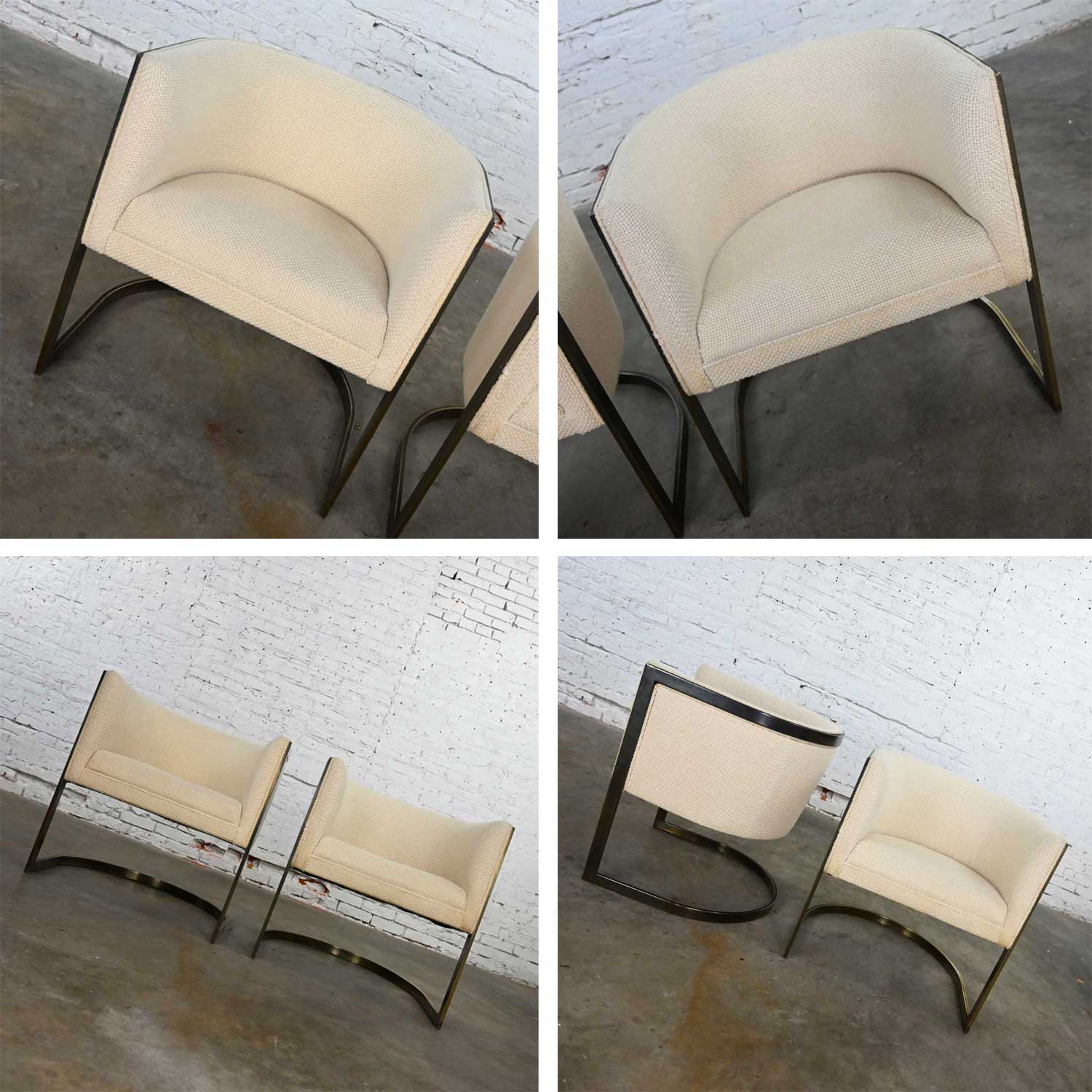 Metropolitan Furniture Modern White & Antique Brass Plate Tub Chairs by Jules Heumann a Pair