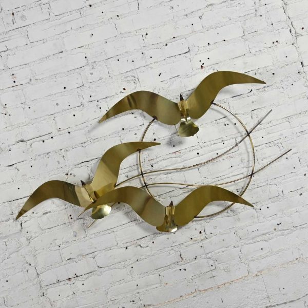 C Jere Brass Plated Bird Flock of Seagulls Wall Sculpture Signed Dated 1985