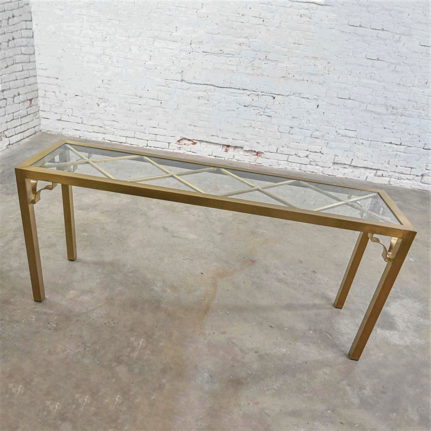 Modern Hollywood Regency Brushed Brass Plated Parsons Style Rectangle Console Table X Design Glass Top Insert