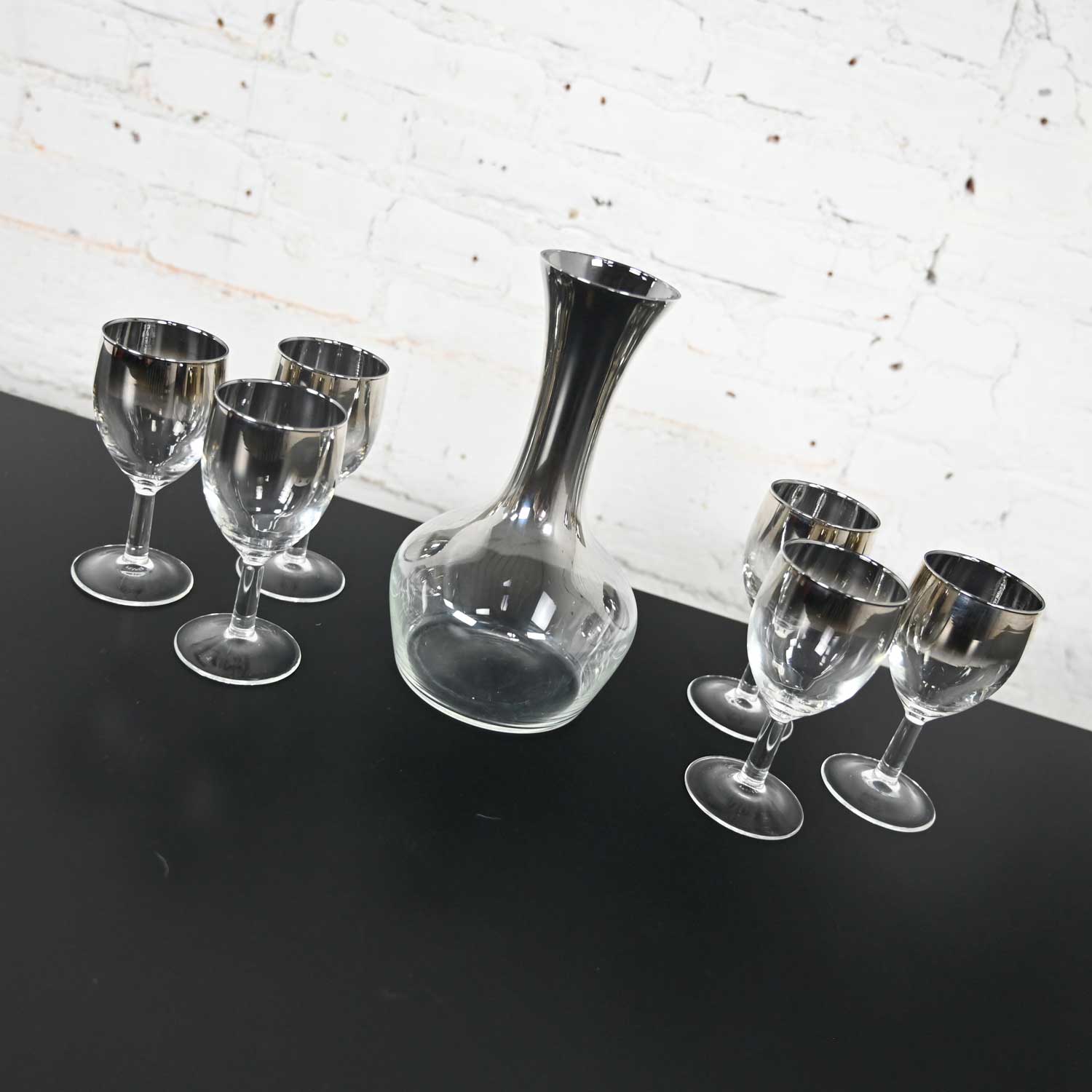 Vintage Mid-Century Modern Silver Rimmed Ombre French Carafe Decanter & Six Stems Style of Dorothy Thorpe