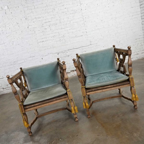 Mediterranean Spanish Revival Pair of Cerused Chairs with Rush Seats & Loose Ice Blue Velvet Cushions