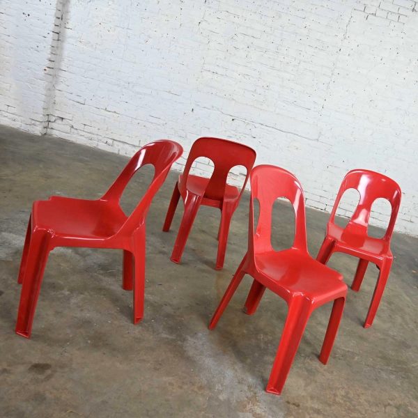 Modern to Post Modern Henry Massonnet Red Plastic Stacking Chairs Set of 4