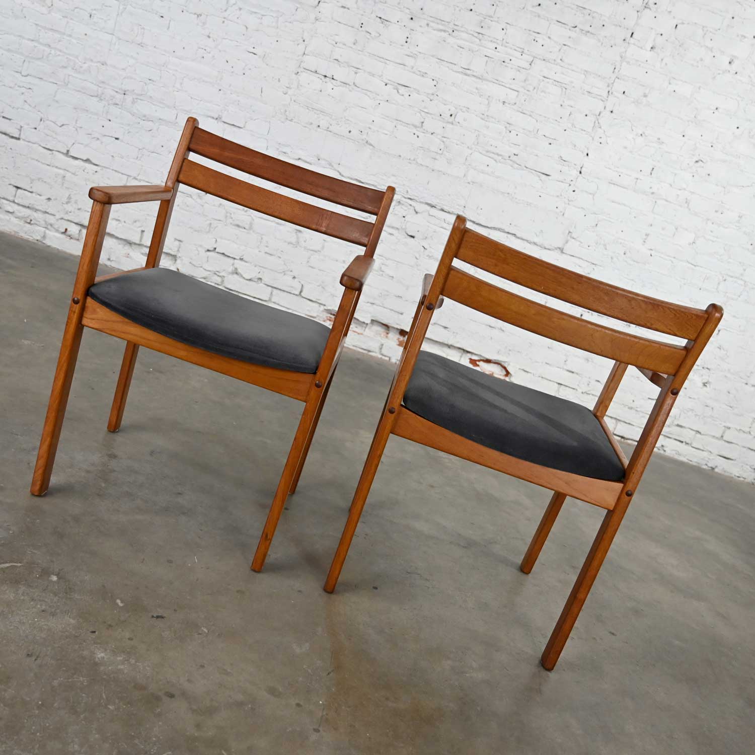 Scandinavian Modern Teak Pair of Armchairs with Brushed Charcoal Fabric Seat Cushions