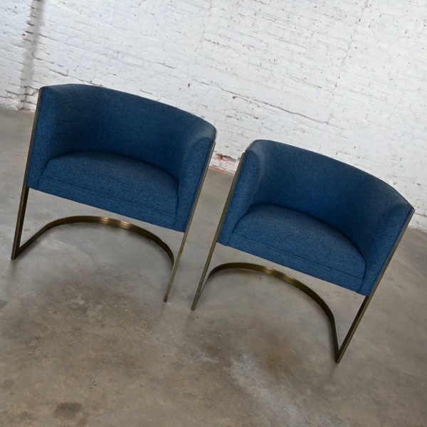 Metropolitan Furniture Modern Blue & Antique Brass Plate Tub Chairs by Jules Heumann a Pair