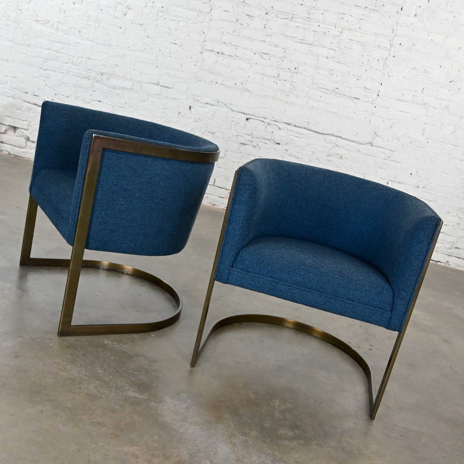 Metropolitan Furniture Modern Blue & Antique Brass Plate Tub Chairs by Jules Heumann a Pair