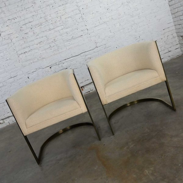 Metropolitan Furniture Modern White & Antique Brass Plate Tub Chairs by Jules Heumann a Pair