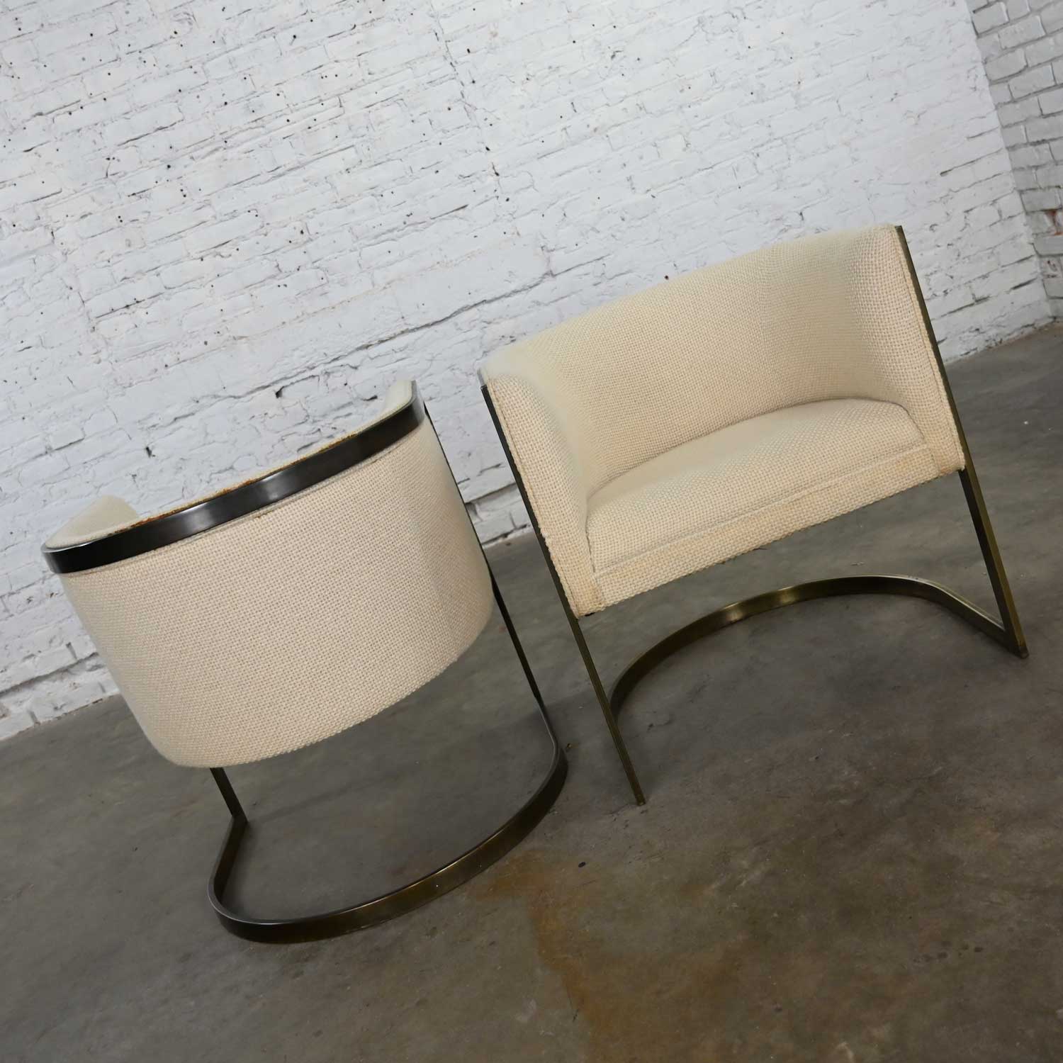 Metropolitan Furniture Modern White & Antique Brass Plate Tub Chairs by Jules Heumann a Pair