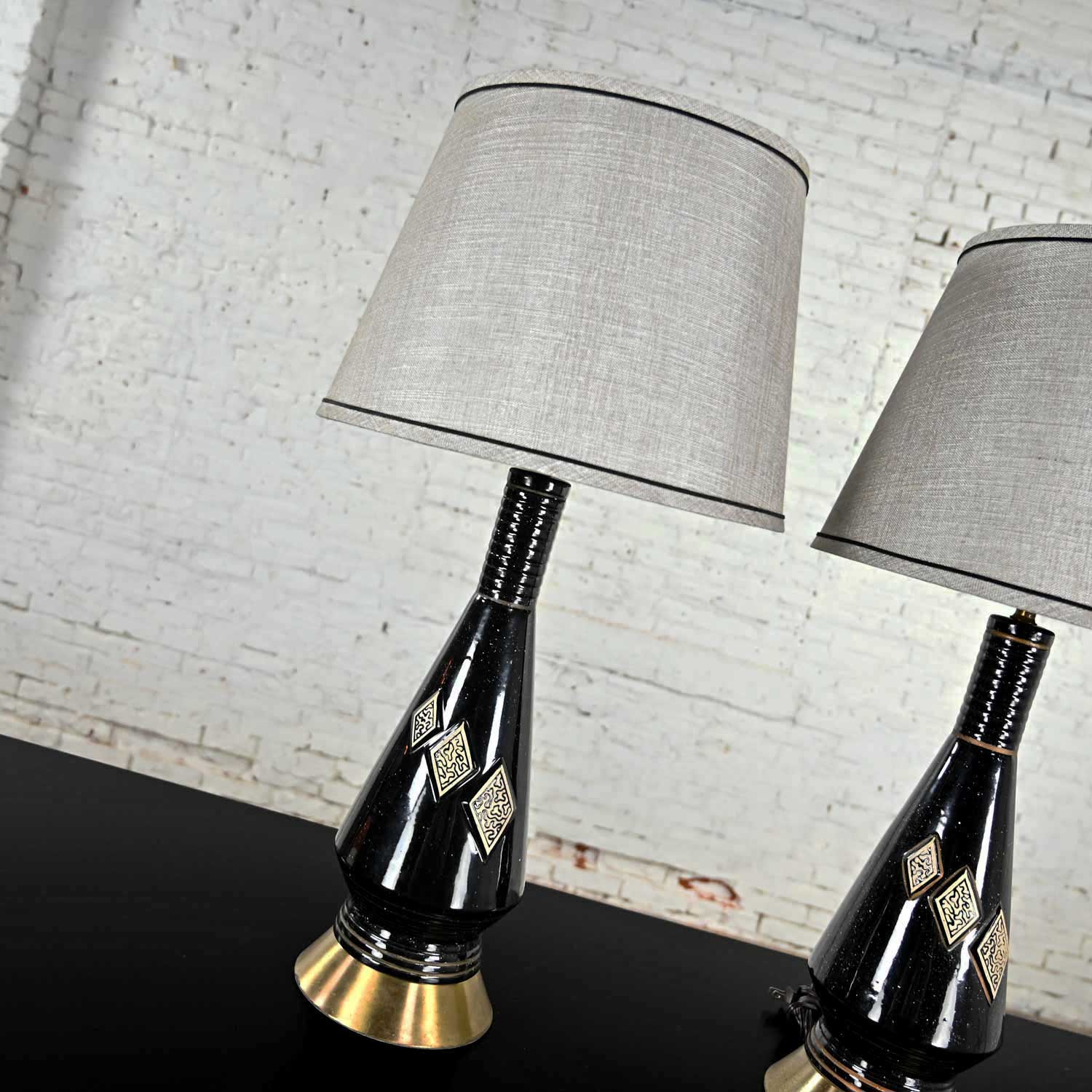 Mid-Century Modern Black Ceramic Lamps with Harlequin Style Diamond Design