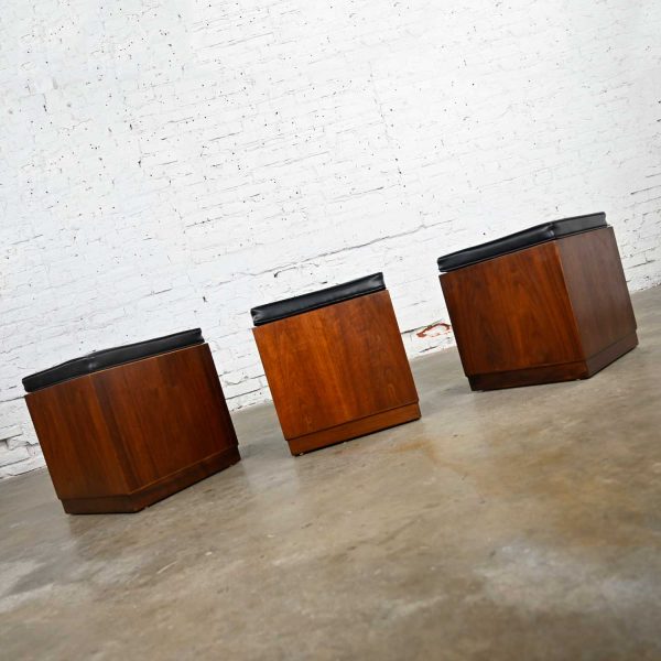 Mid-Century Modern Trio Square Walnut Cube Stools Black Upholstered Tops by Jack Cartwright for Founders Furniture Patterns 7 Line