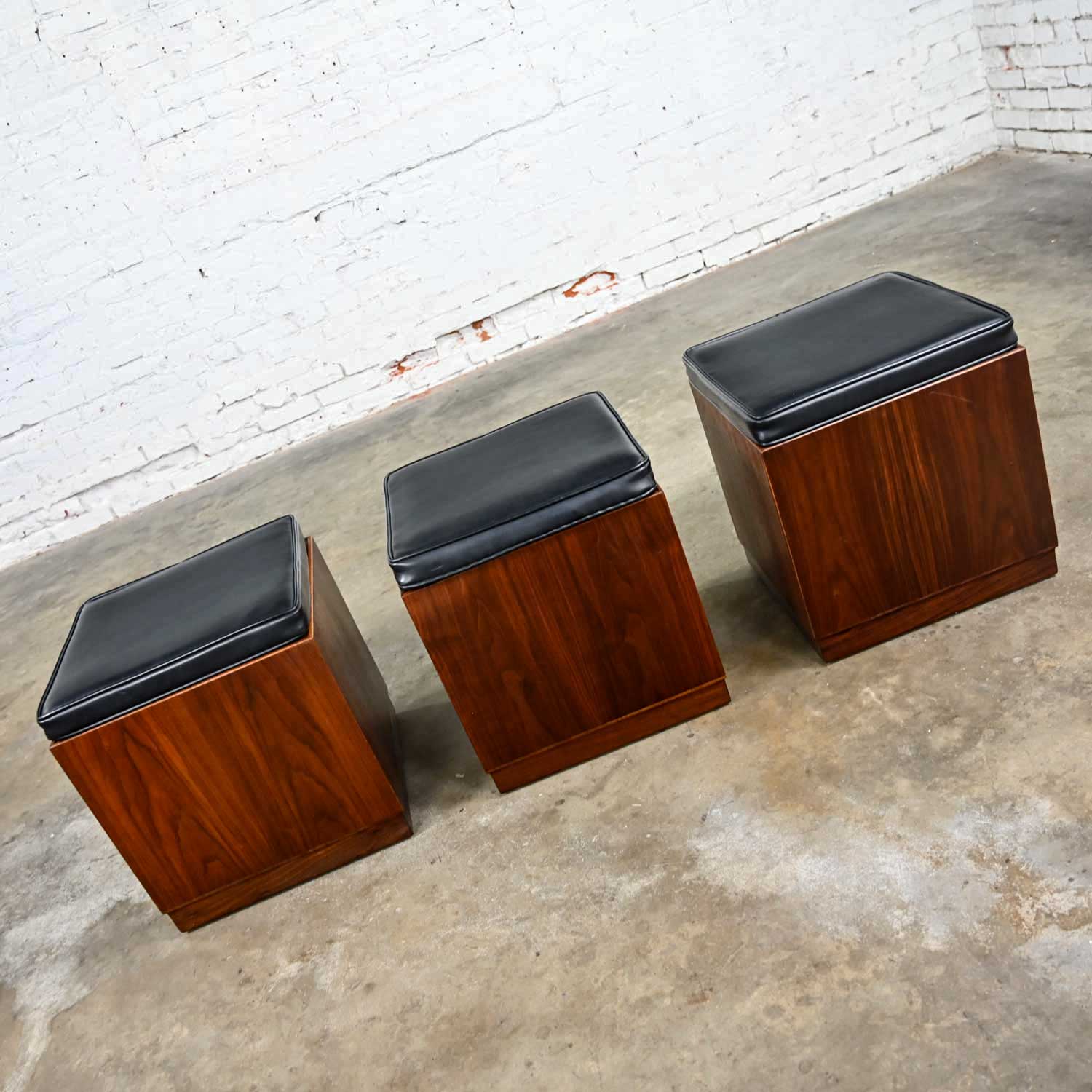 Mid-Century Modern Trio Square Walnut Cube Stools Black Upholstered Tops by Jack Cartwright for Founders Furniture Patterns 7 Line