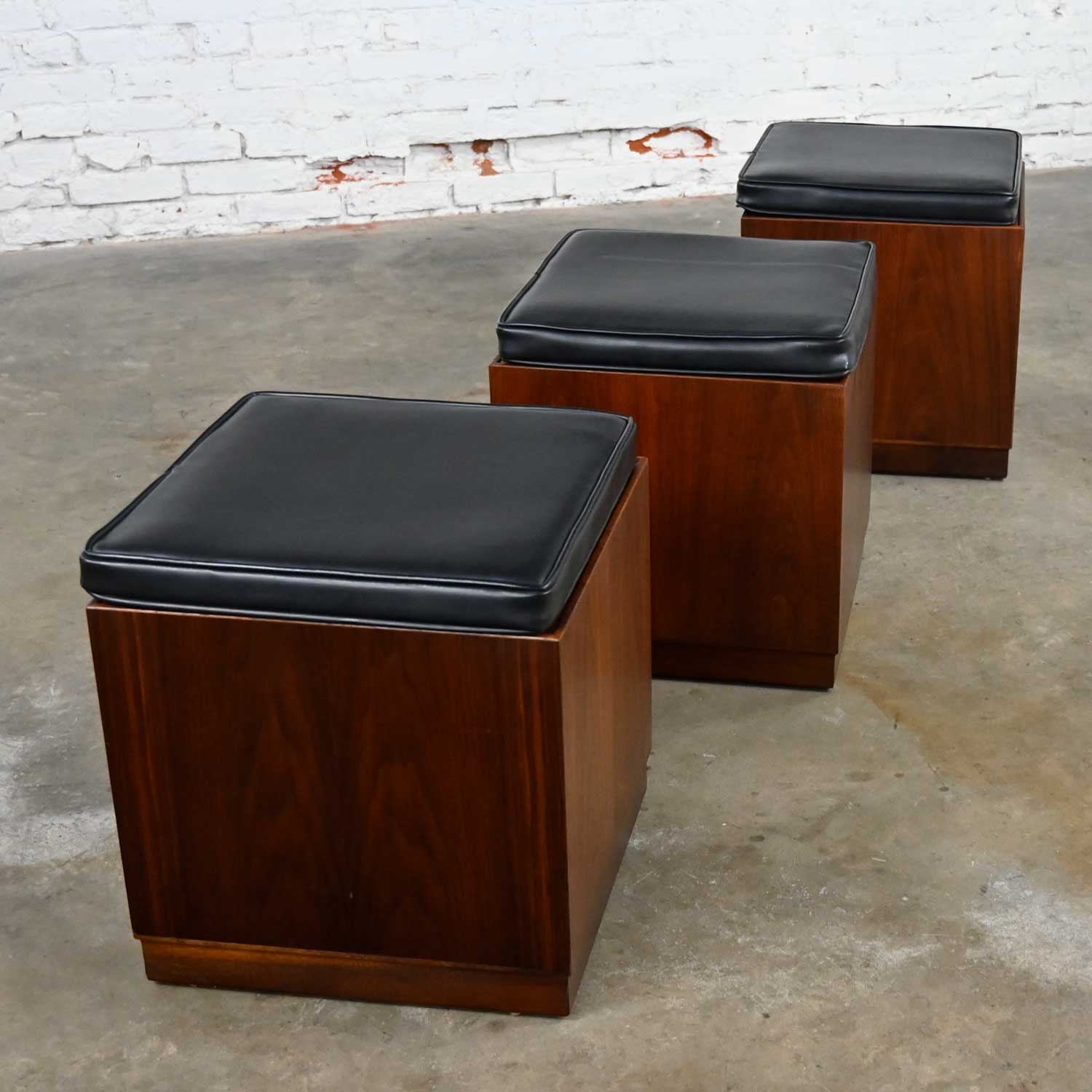 Mid-Century Modern Trio Square Walnut Cube Stools Black Upholstered Tops by Jack Cartwright for Founders Furniture Patterns 7 Line