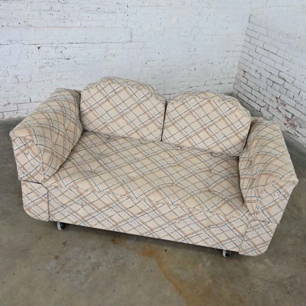 Modern to MCM Oatmeal Blue & Brown Plaid Pattern Convertible Love Seat Sofa Daybed or Chaise