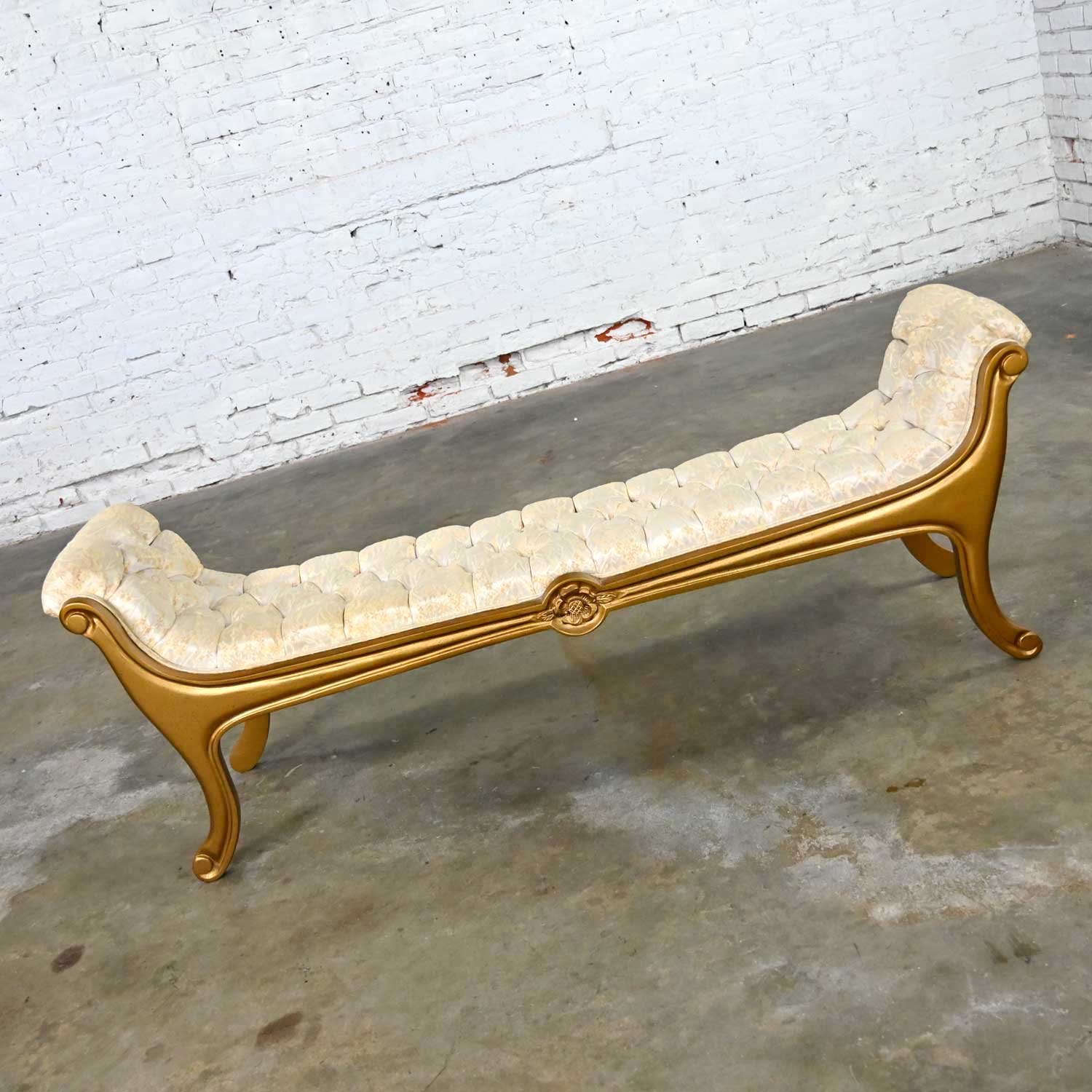 Hollywood Regency Upholstered Gilded Gondola Bench Attributed to Prince Howard