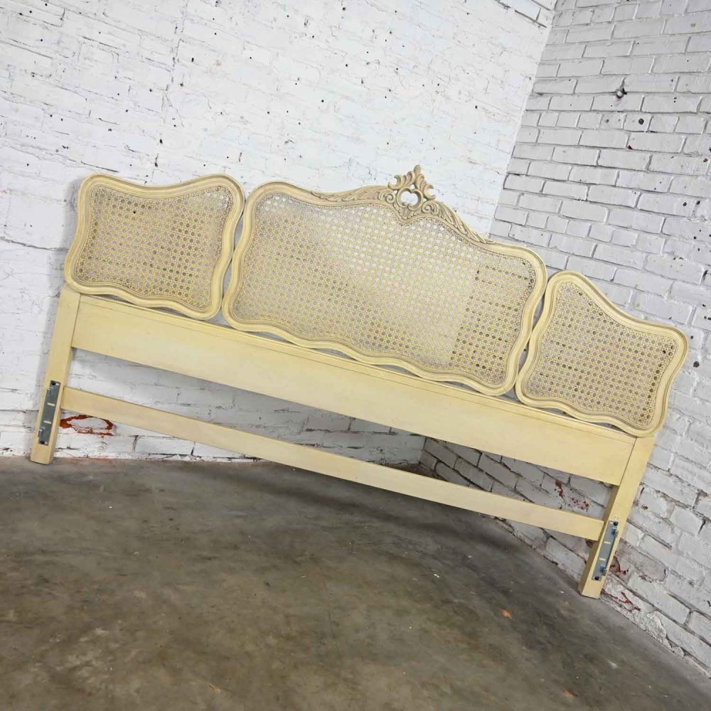 Prince Howard French Provincial Hollywood Regency Antique White & Cane King Headboard