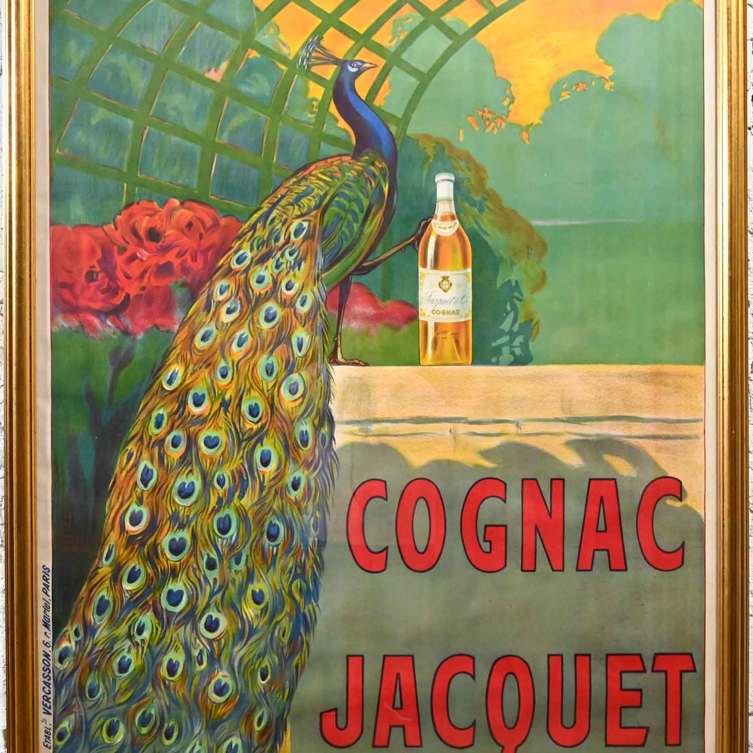 Antique Art Deco Art Nuovo Cognac Jacquet Advertising Peacock Poster by Camille Bouchet