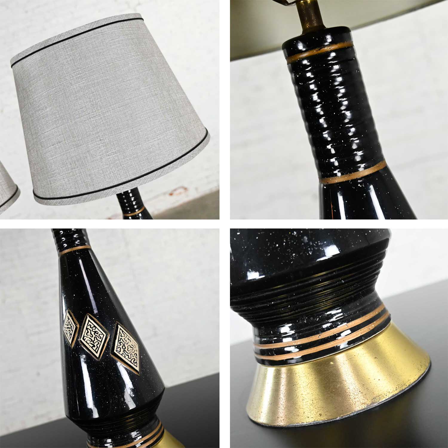Mid-Century Modern Black Ceramic Lamps with Harlequin Style Diamond Design