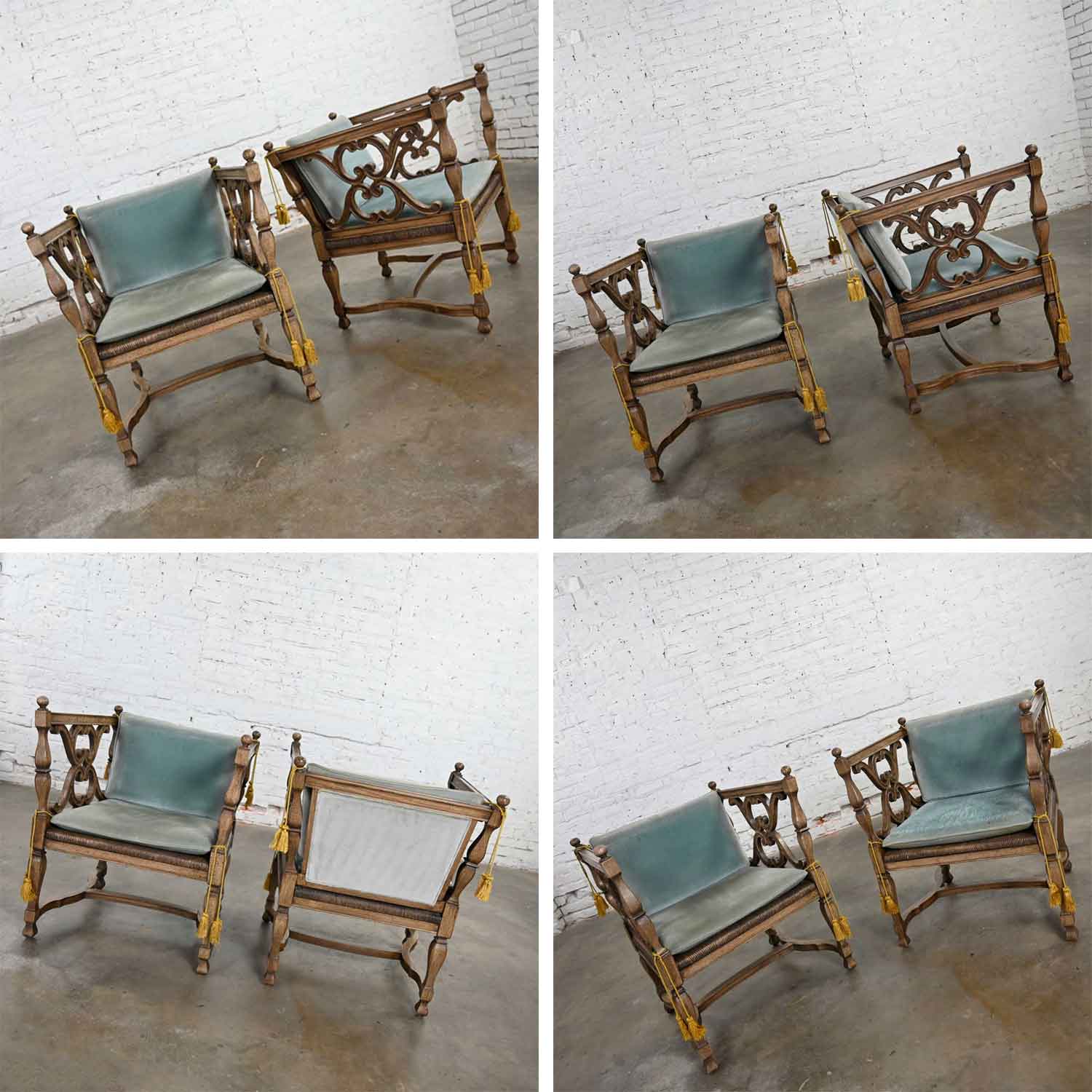 Mediterranean Spanish Revival Pair of Cerused Chairs with Rush Seats & Loose Ice Blue Velvet Cushions