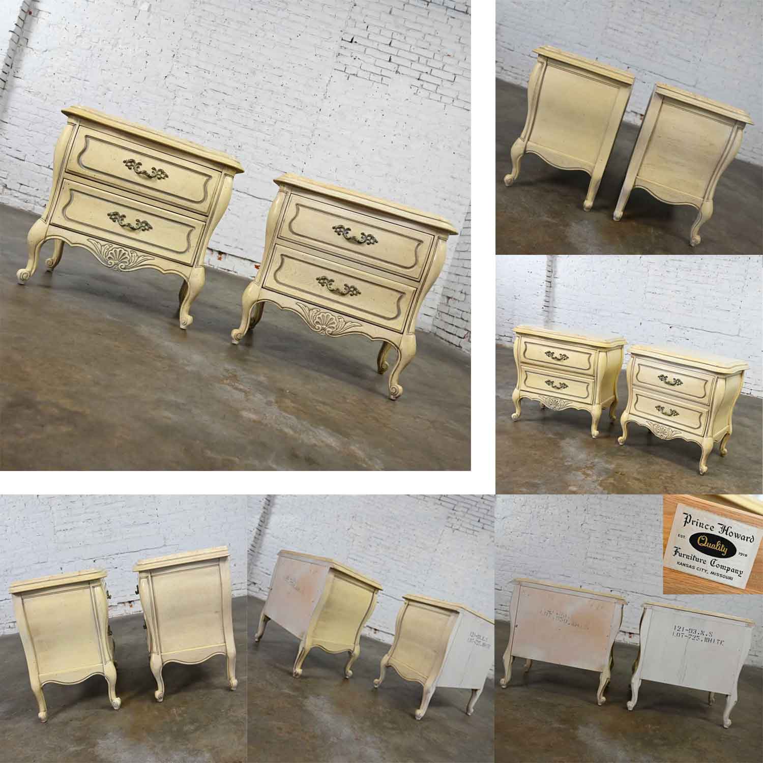 Prince Howard French Provincial Hollywood Regency Antique White Nightstands a Pair Marble Tops