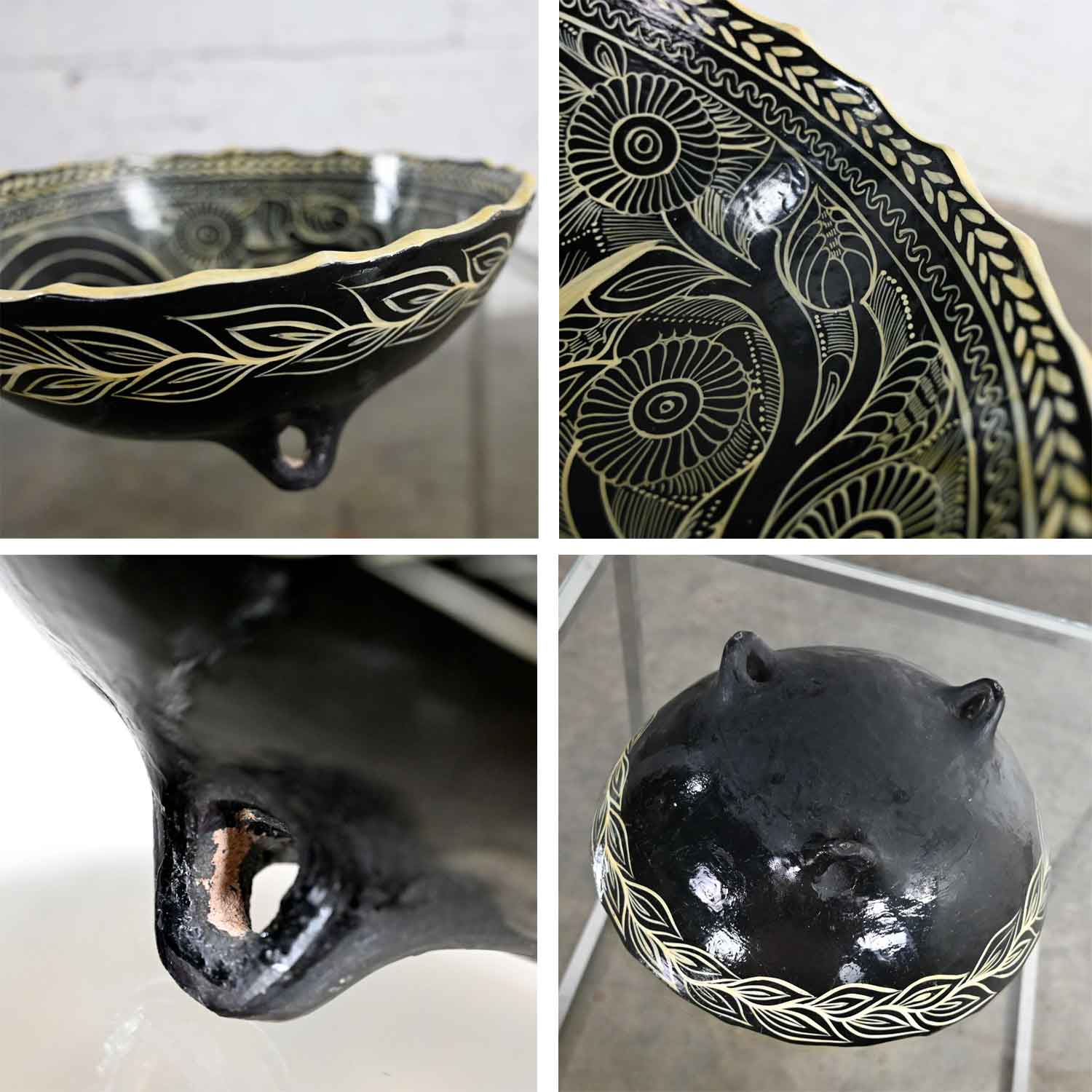 Vintage Mexican Pottery Black & White Fantasia Design Tri-Leg Fluted Bowl