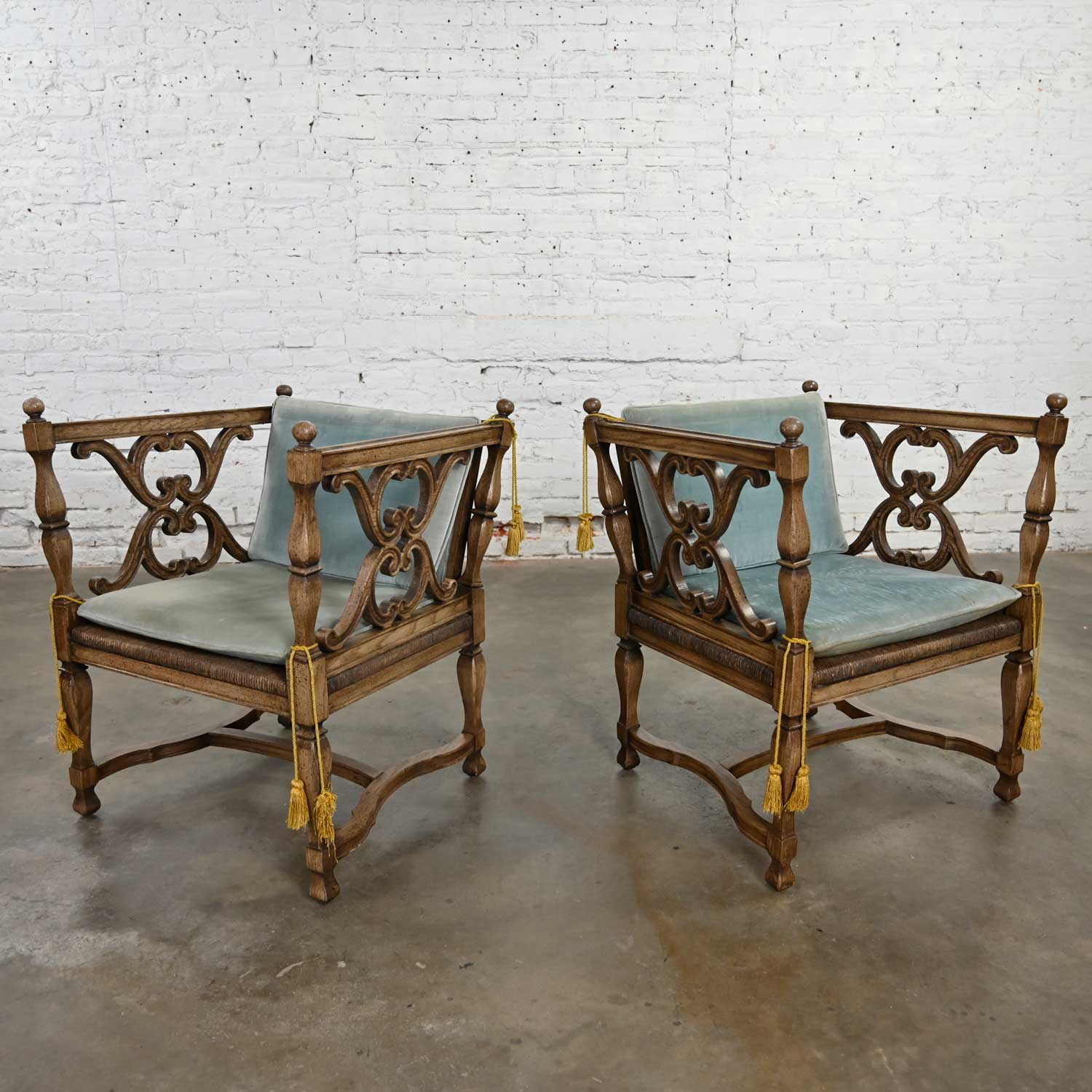 Mediterranean Spanish Revival Pair of Cerused Chairs with Rush Seats & Loose Ice Blue Velvet Cushions