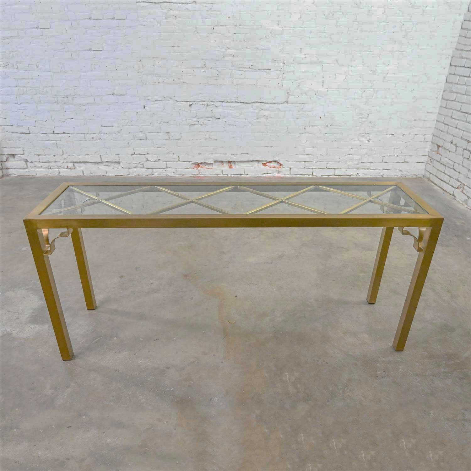 Modern Hollywood Regency Brushed Brass Plated Parsons Style Rectangle Console Table X Design Glass Top Insert
