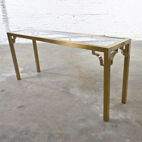 Modern Hollywood Regency Brushed Brass Plated Parsons Style Rectangle Console Table X Design Glass Top Insert