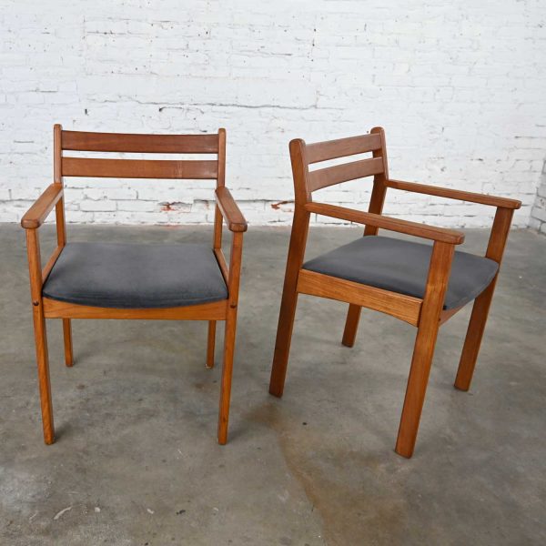 Scandinavian Modern Teak Pair of Armchairs with Brushed Charcoal Fabric Seat Cushions