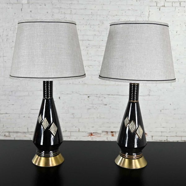 Mid-Century Modern Black Ceramic Lamps with Harlequin Style Diamond Design