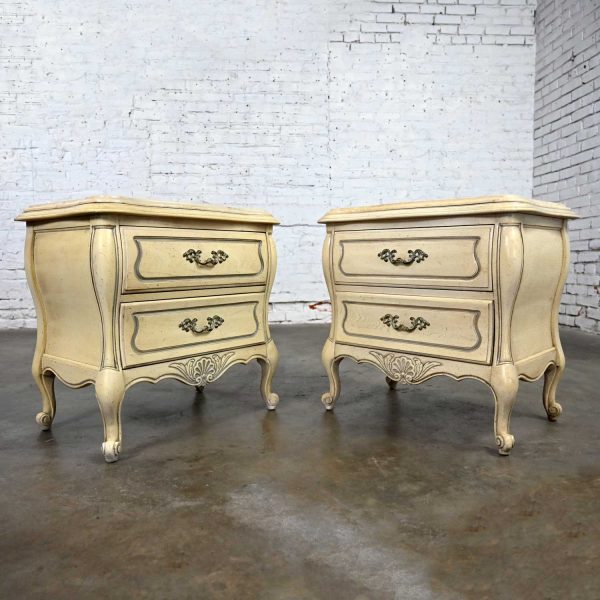 Prince Howard French Provincial Hollywood Regency Antique White Nightstands a Pair Marble Tops