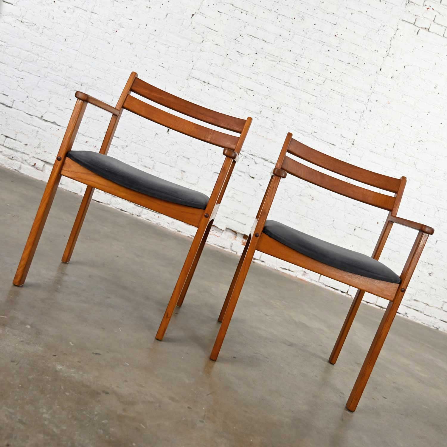 Scandinavian Modern Teak Pair of Armchairs with Brushed Charcoal Fabric Seat Cushions