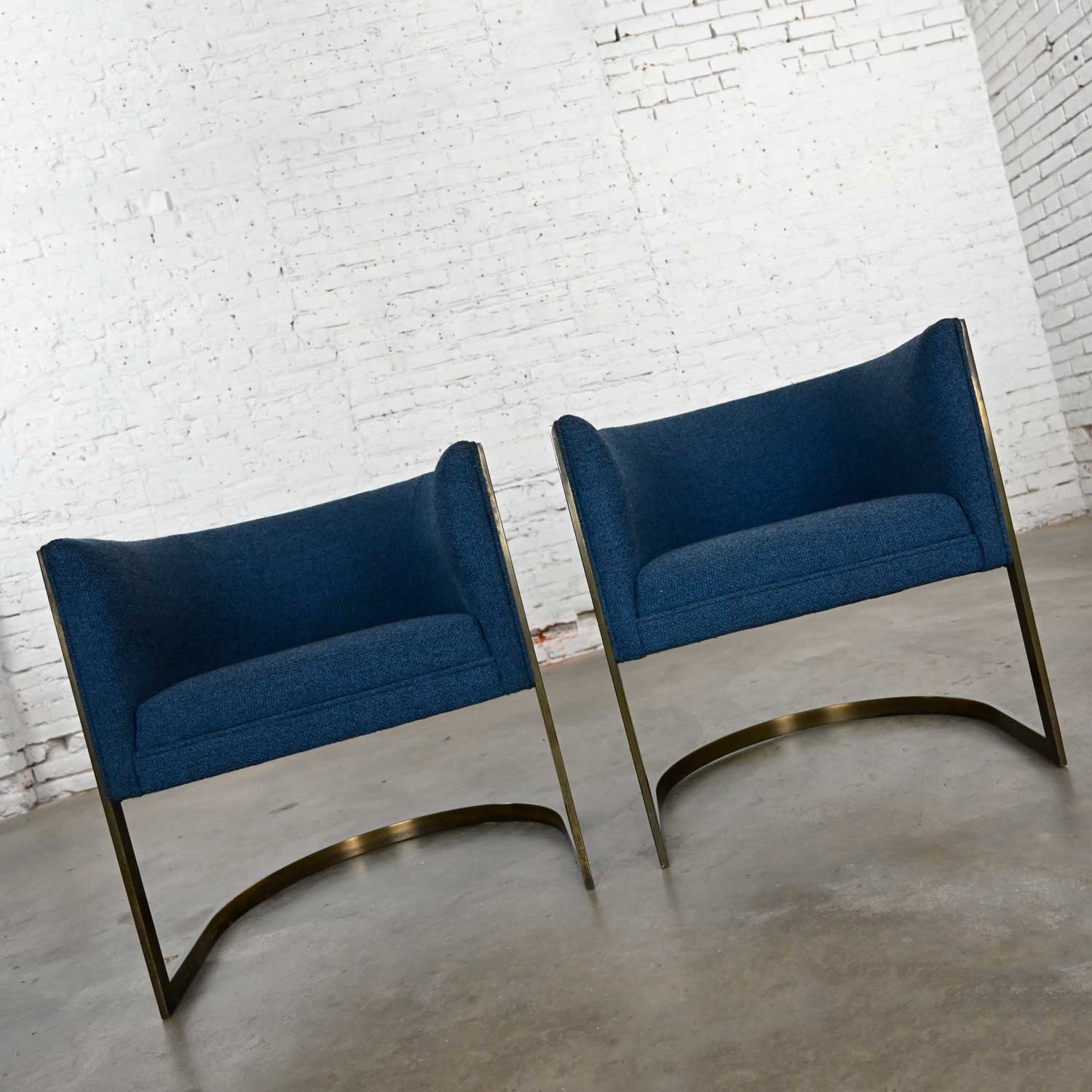 Metropolitan Furniture Modern Blue & Antique Brass Plate Tub Chairs by Jules Heumann a Pair