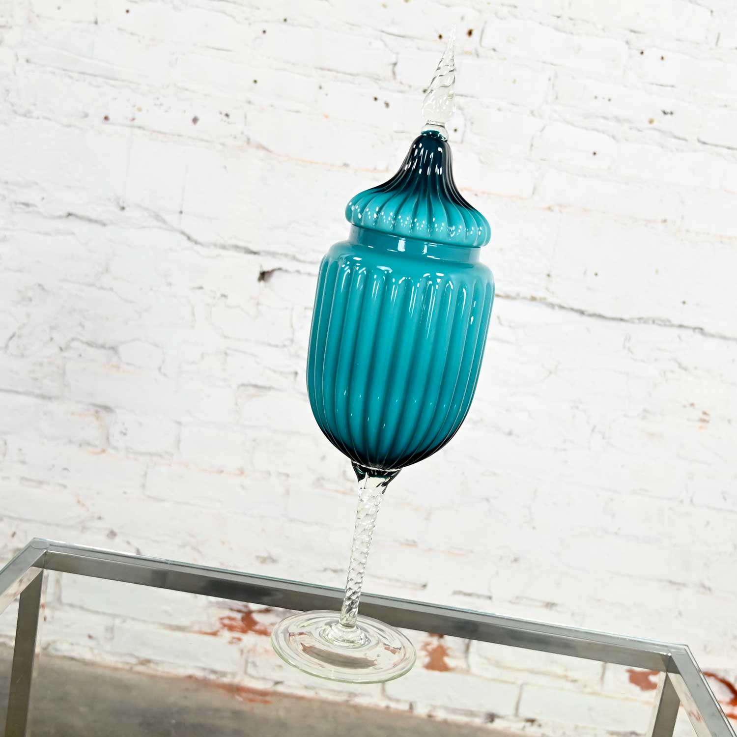 Empoli Italian Cased Glass Lidded Compote Circus Tent Jar in Peacock Blue