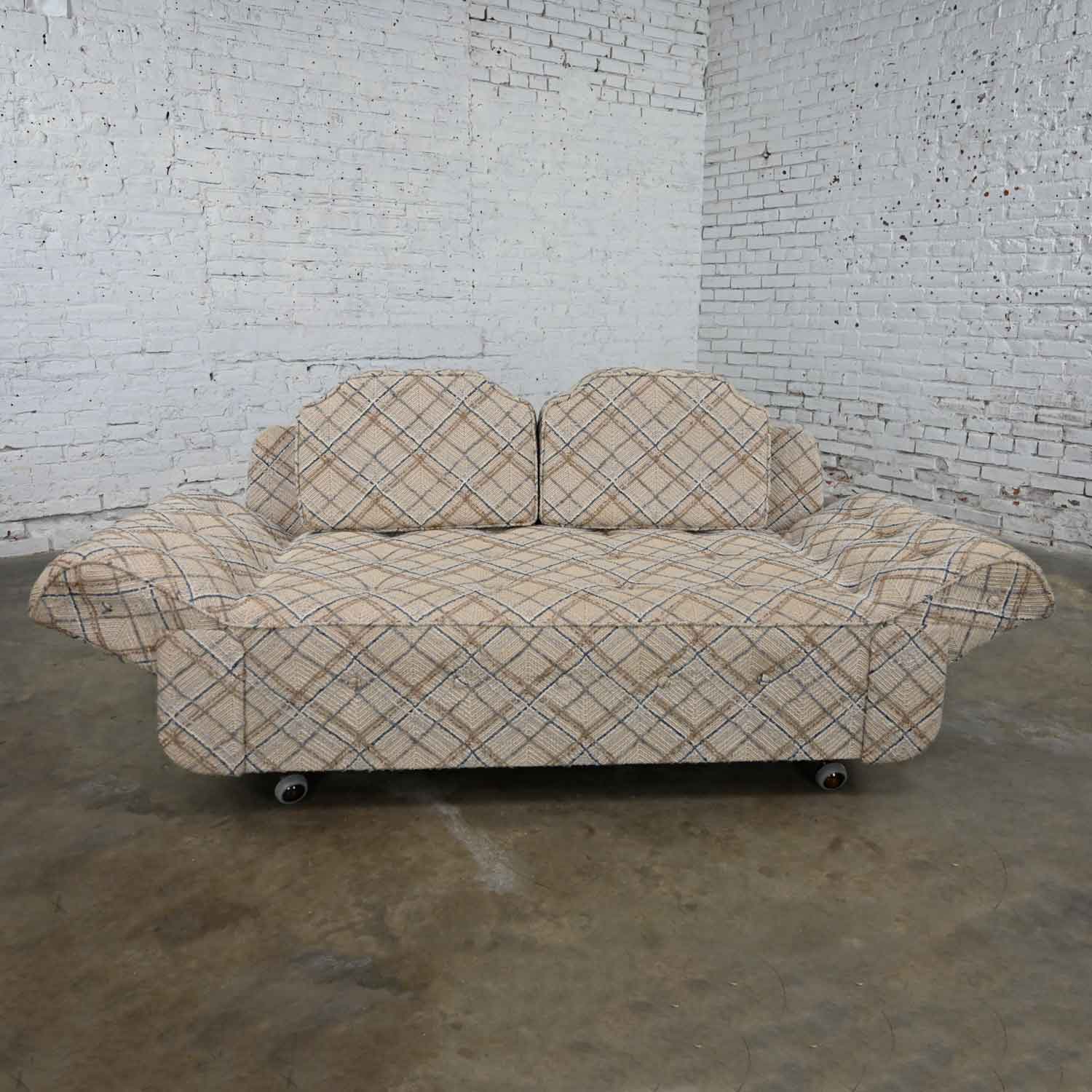 Modern to MCM Oatmeal Blue & Brown Plaid Pattern Convertible Love Seat Sofa Daybed or Chaise
