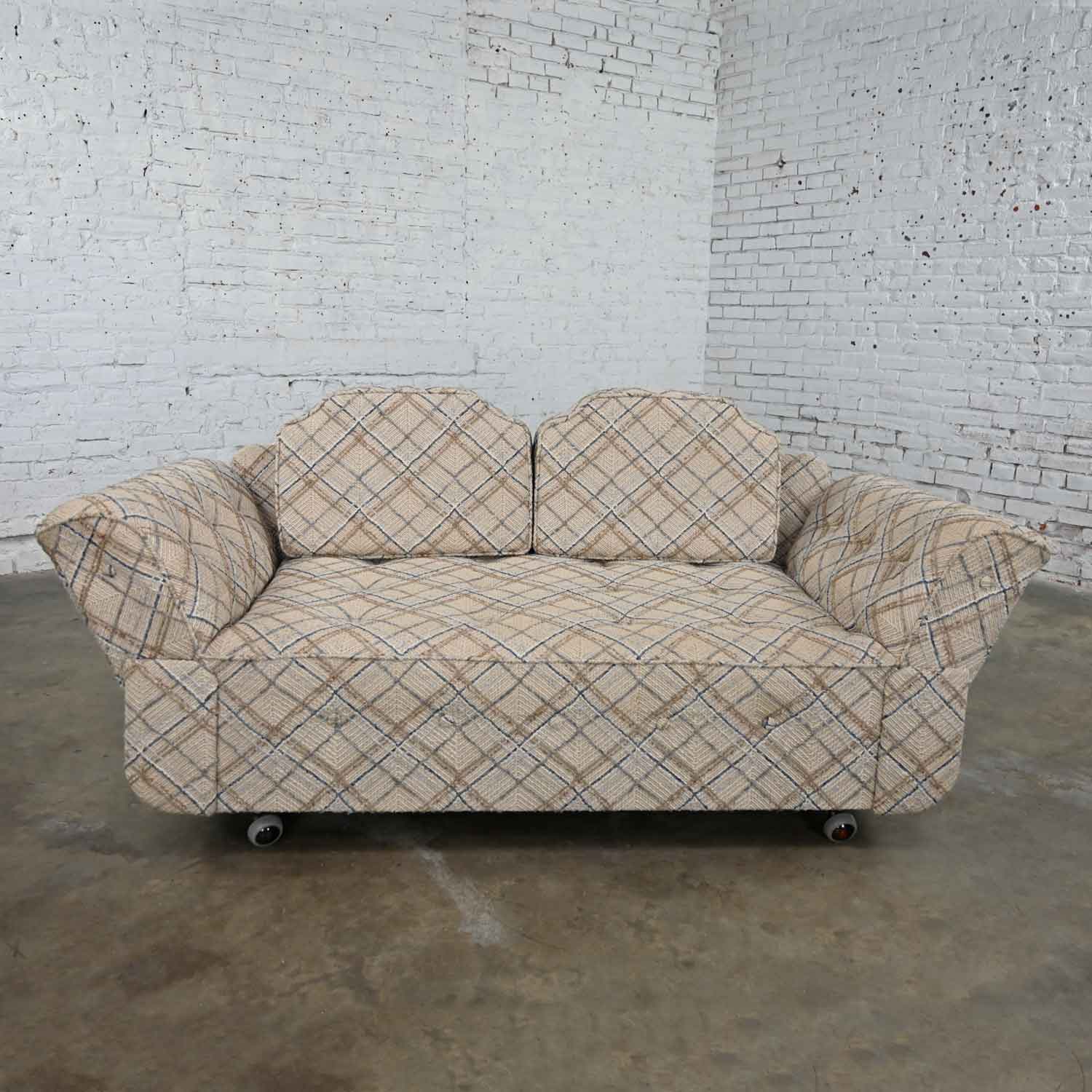 Modern to MCM Oatmeal Blue & Brown Plaid Pattern Convertible Love Seat Sofa Daybed or Chaise