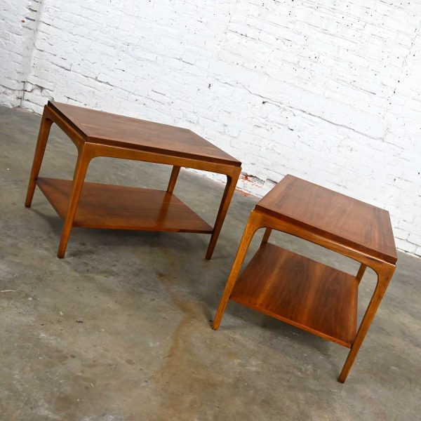 Lane Rhythm Pair of Mid-Century Modern Walnut End Tables with Lower Shelf