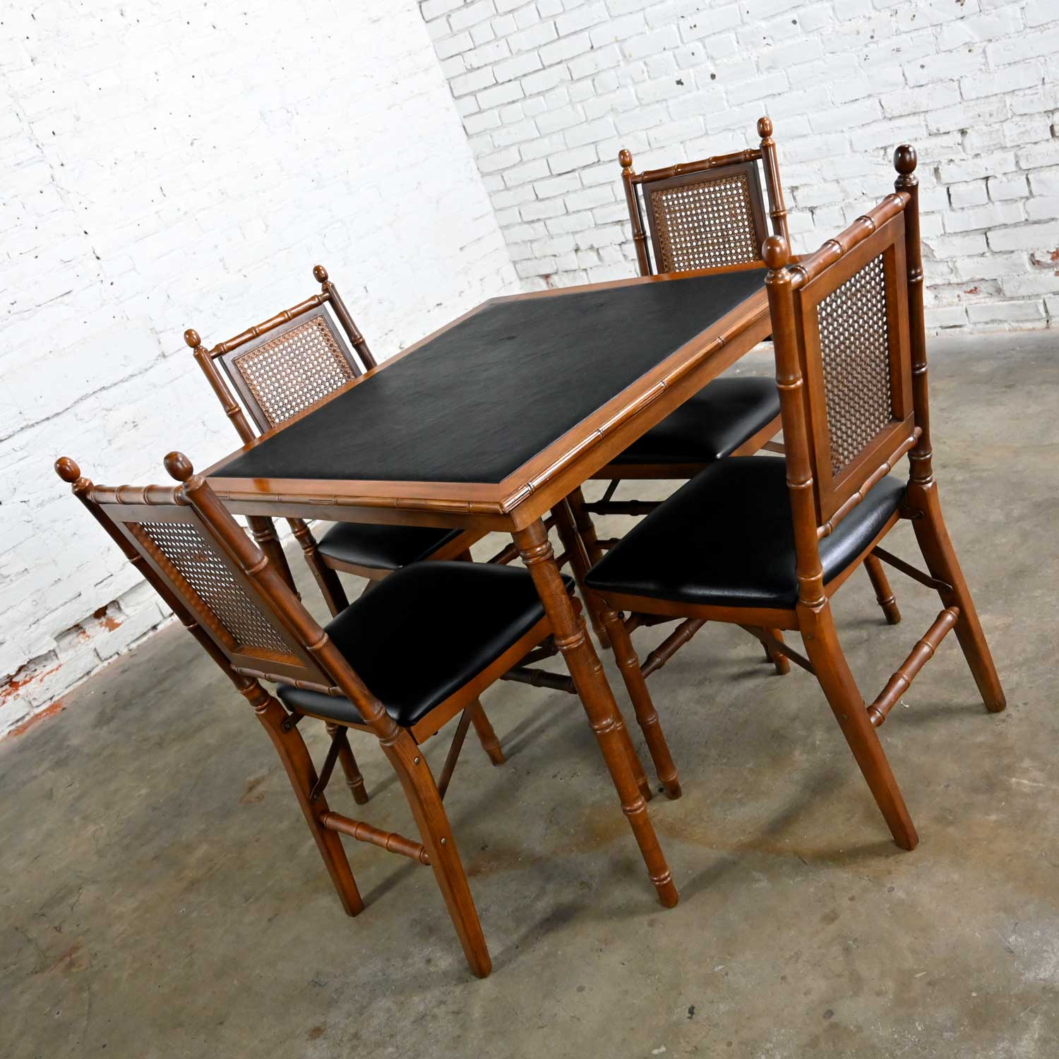Vintage Campaign Style Faux Bamboo Folding Table & 4 Chairs Faux Leather Top and Seat Cushions