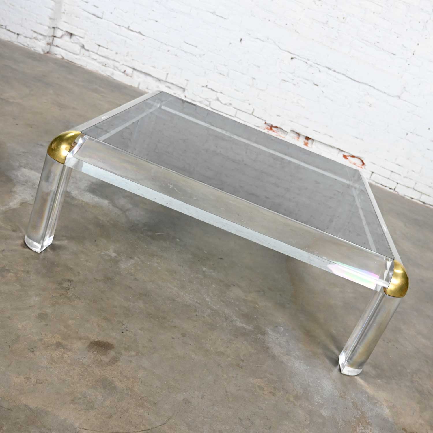 Monumental Lucite & Brass Square Coffee Table with Smoked Glass Top Attributed to Karl Springer