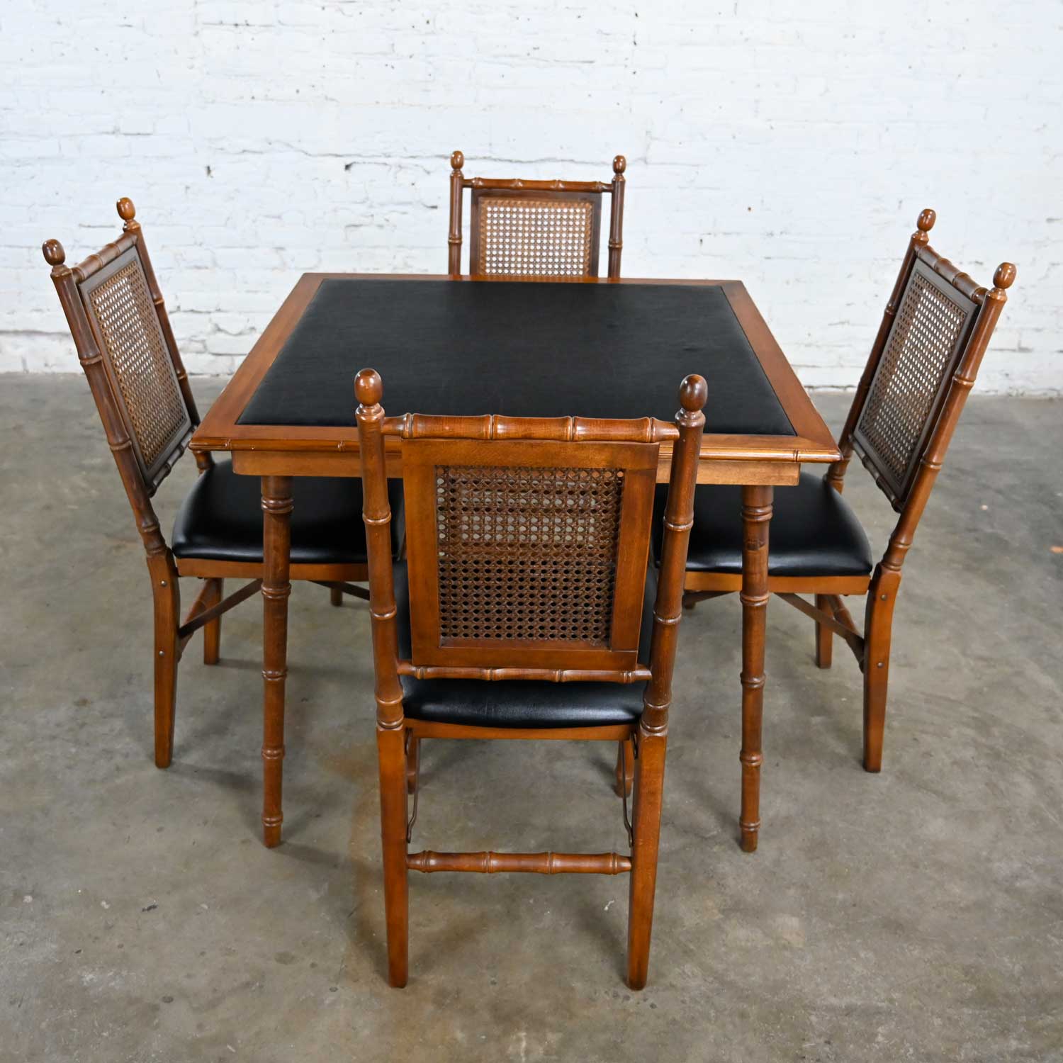 Vintage Campaign Style Faux Bamboo Folding Table & 4 Chairs Faux Leather Top and Seat Cushions