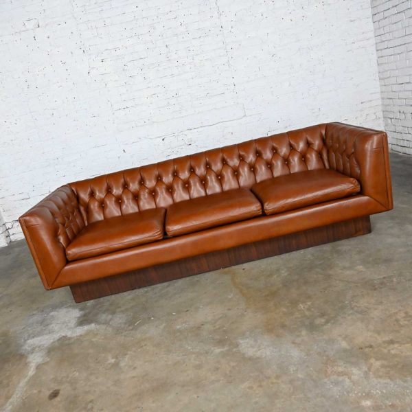 Stow & Davis Cognac Leather Modern Tuxedo Chesterfield Style Tufted Sofa with Walnut Plinth Base