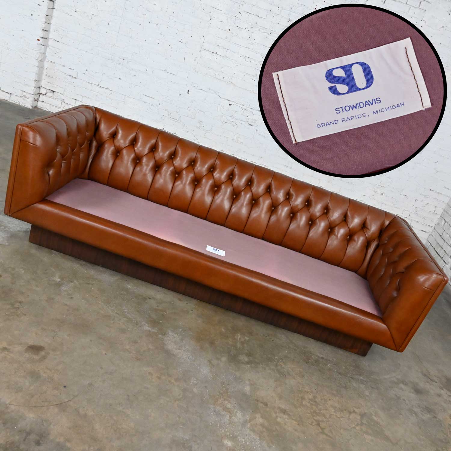 Stow & Davis Cognac Leather Modern Tuxedo Chesterfield Style Tufted Sofa with Walnut Plinth Base