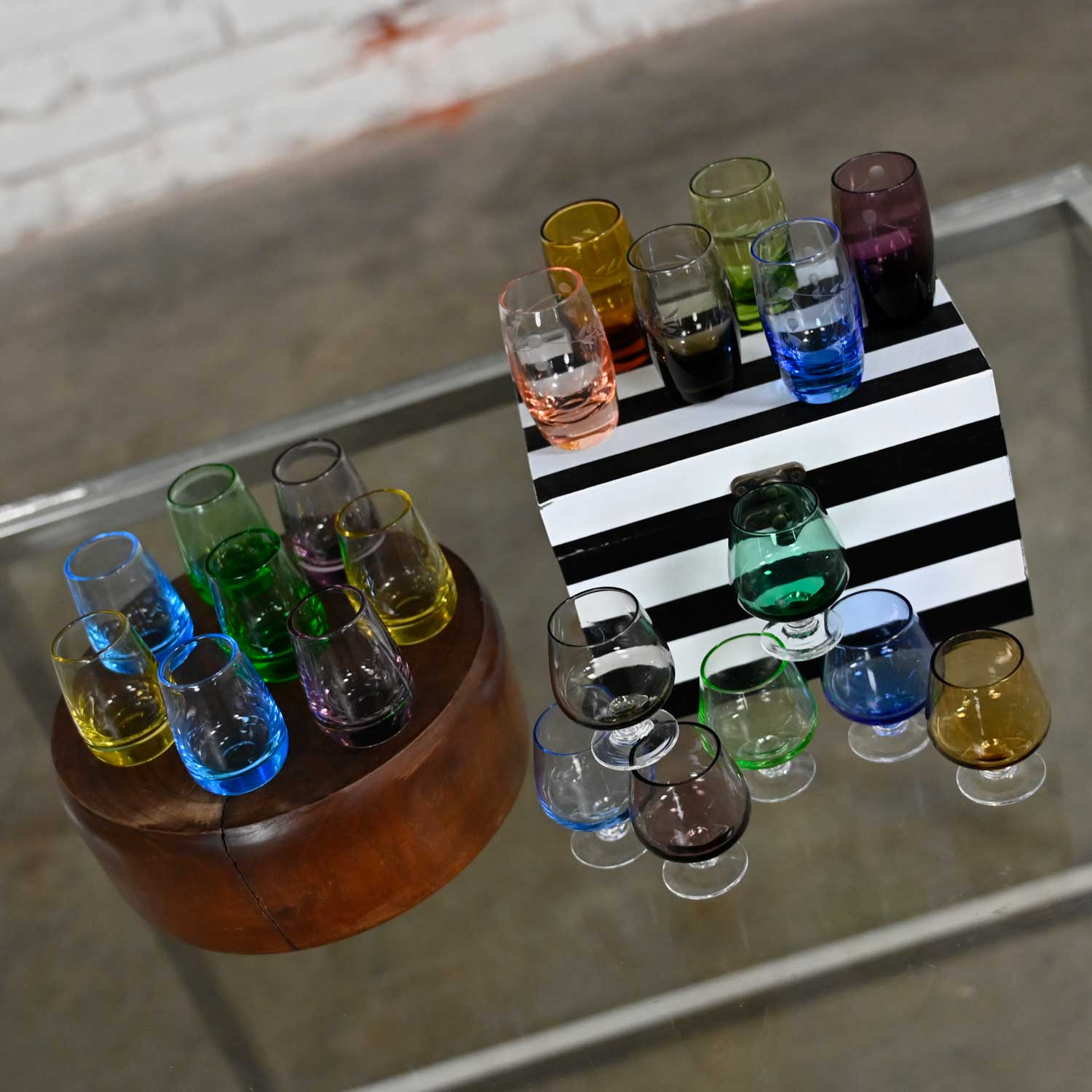 Vintage Set of 21 Blown Glass Multi Color Small Cocktail Snifters Cordials or Shot Glasses 3 Sizes